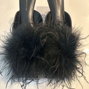 Good American Black Feathered Mules